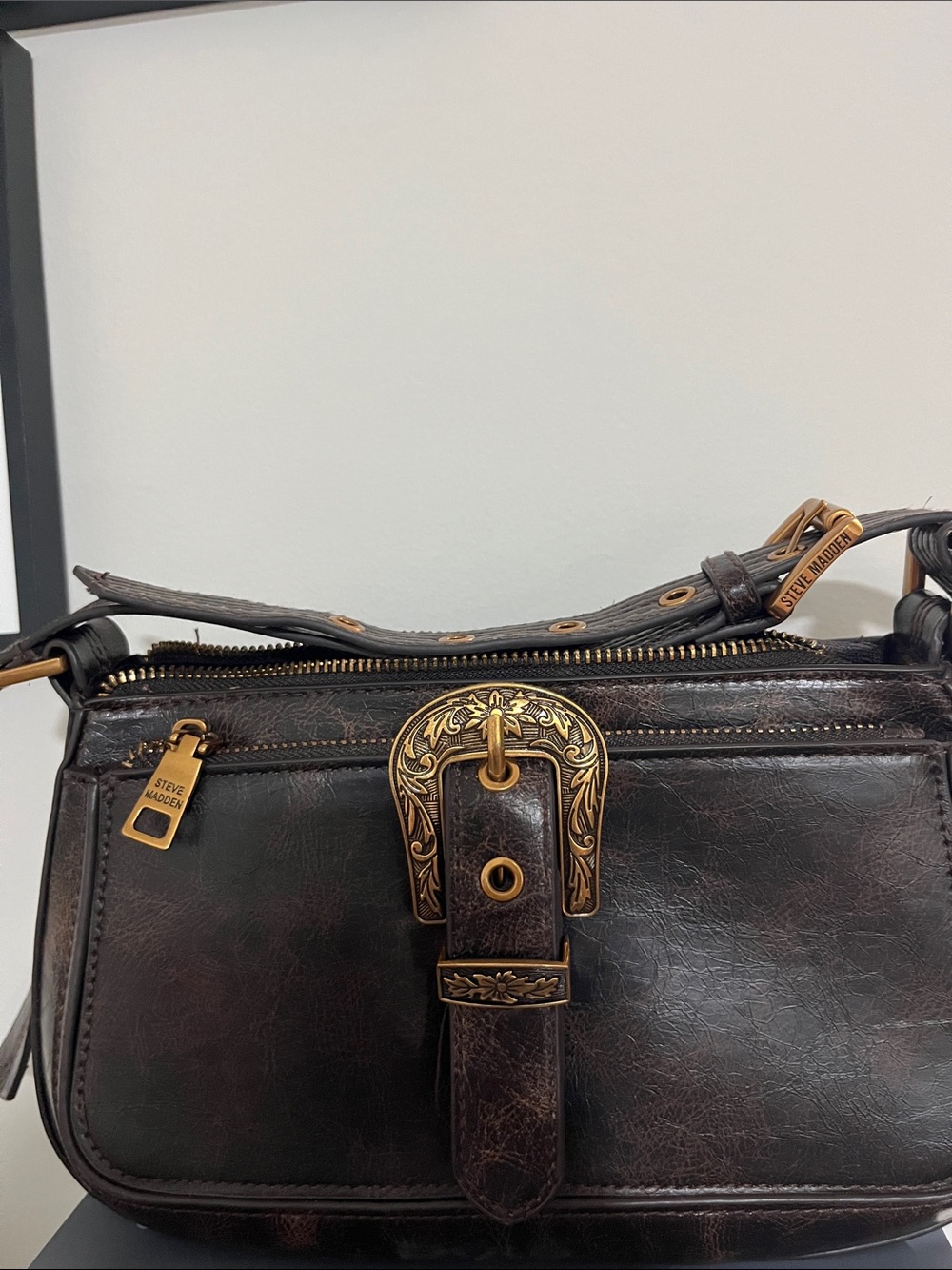 Steve Madden Brown Leather Messenger Bag with Decorative Gold Buckle